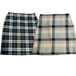 Talbots Petite 2P Plaid Mini Skirts (2) Blue Wool Blend Preppy Autumn Office EUC